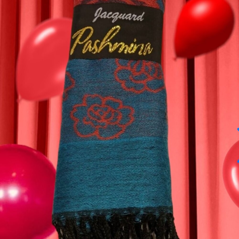 JACQUARD PASHMINA SCARF 26'' W X 70'' L-- NWT --BLUE /RED-FLORAL